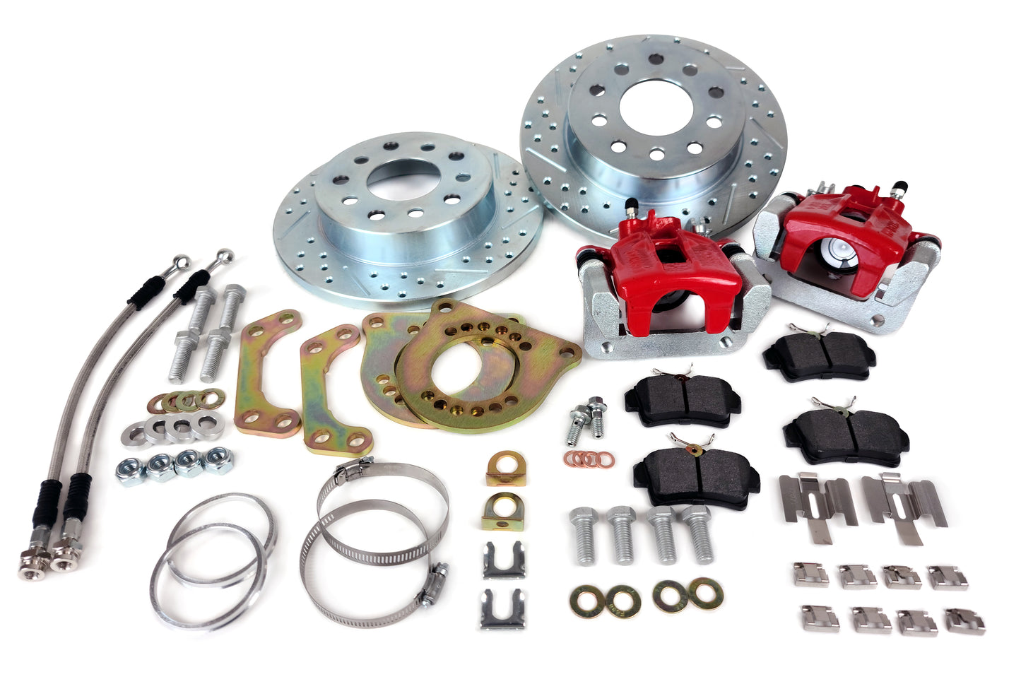 Red 1979-1993 5-Lug Rear Brake Conversion Kit: 1994-2004 GT Brakes (C-Clip Eliminator Hardware available)